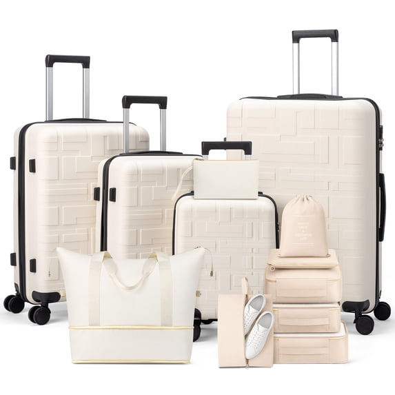 Zimtown Luggage Sets 12 Piece Hardside Suitcase Sets with Duffle Bag Packing Cubes Organizer Bags Spinner Wheels, White