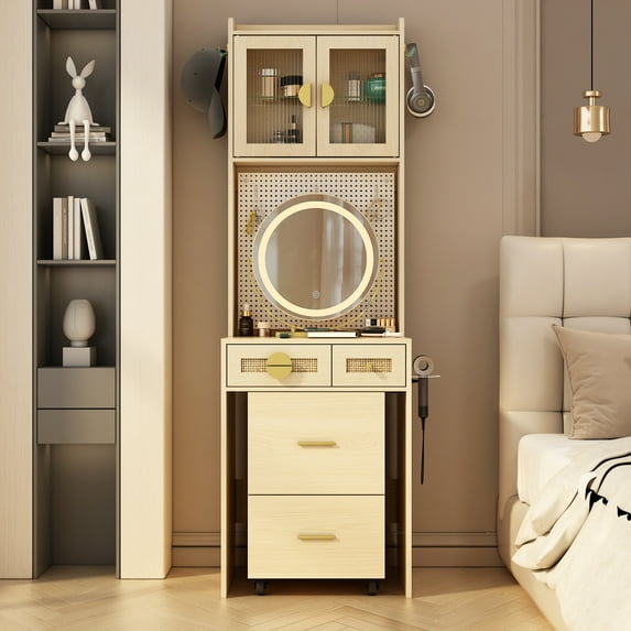 Zimtown Makeup Vanity Desk with Lighted Sliding Mirror for Small Space, Compact Mini Corner Vanity Set Dressing Table - Charging Station for Women, Girl Female Gift, Natural