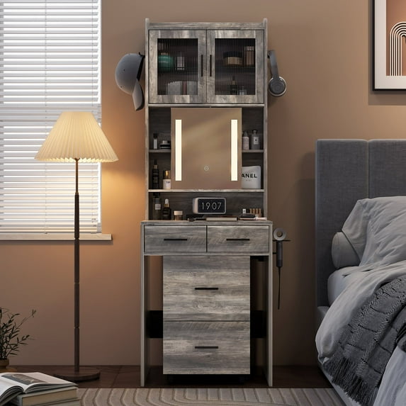 Zimtown Makeup Vanity Desk with Lighted Sliding Mirror for Small Space, Compact Mini Corner Vanity Set Dressing Table - Charging Station for Women, Girl Female Gift, Gray