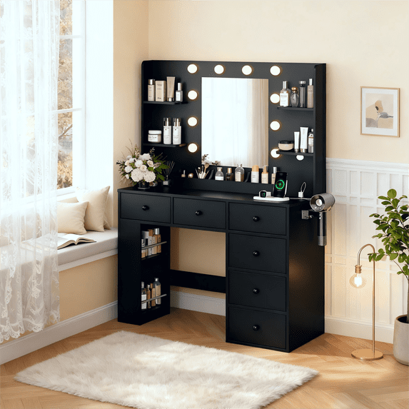Zimtown Makeup Vanity Desk, Vanity Desk with Mirror & 6 Drawers, Large Dressing Table with Adjustable Lights & Side Rack, Black