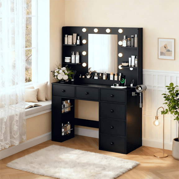 Zimtown Makeup Vanity Desk, Vanity Desk with Mirror & 6 Drawers, Large Dressing Table with Adjustable Lights & Side Rack, Black