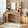 thumbnail image 1 of Zimtown Makeup Vanity Desk, Vanity Desk with Mirror & 6 Drawers, Large Dressing Table with Adjustable Lights & Side Rack, Wood Color, 1 of 8