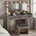 thumbnail image 1 of Zimtown Makeup Vanity Desk with Large Mirror & Charging Station, Vanity Table with 3 Drawers & Visible Glass Top, Bedroom Dressing Table, Gray, 1 of 11
