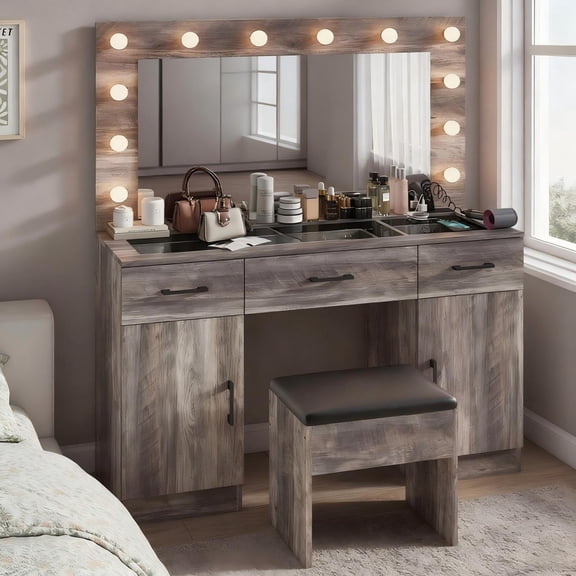 Zimtown Makeup Vanity Desk with Large Mirror & Charging Station, Vanity Table with 3 Drawers & Visible Glass Top, Bedroom Dressing Table, Gray