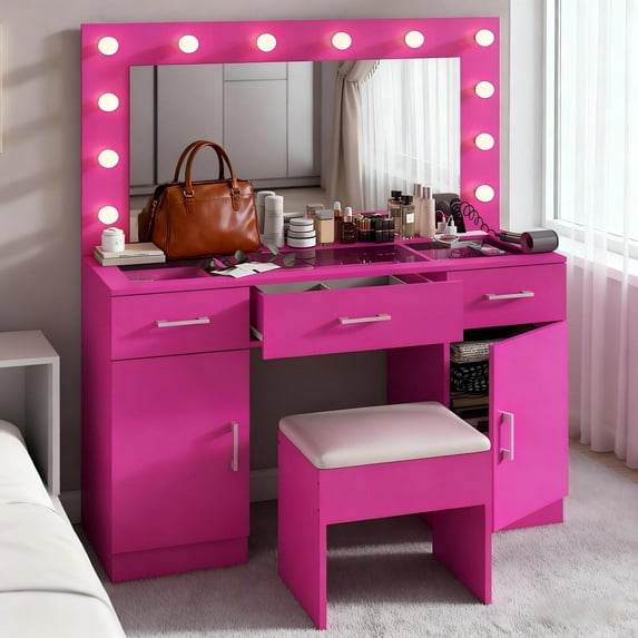 Zimtown Makeup Vanity Desk with Large Mirror & Charging Station, Vanity Table with 3 Drawers & Visible Glass Top, Bedroom Dressing Table, Pink