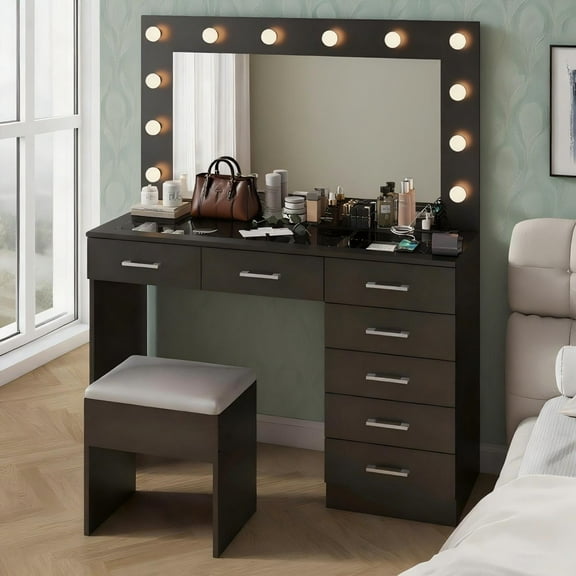 Zimtown Makeup Vanity Desk with Large Mirror & Charging Station, Vanity Table with 7 Drawers & Visible Glass Top, Bedroom Dressing Table, Black