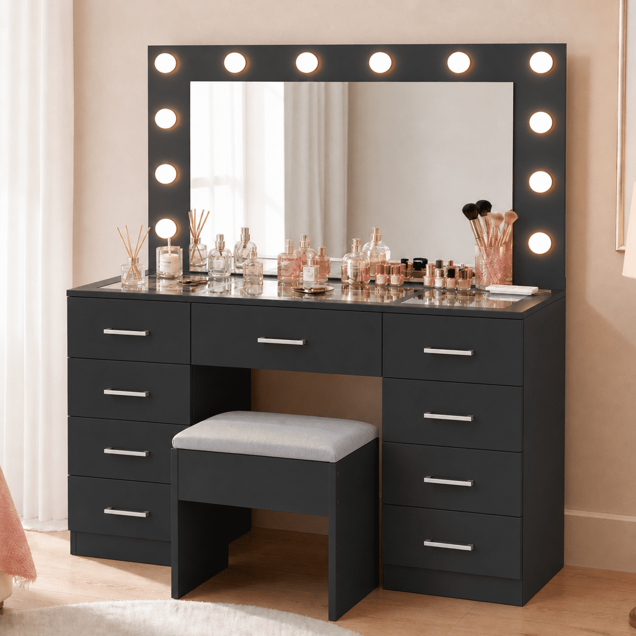 Zimtown Makeup Vanity Desk with Large Mirror & Charging Station, Vanity Table with 9 Drawers & Visible Glass Top, Bedroom Dressing Table, Black