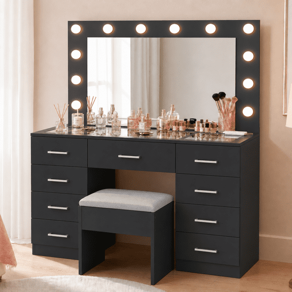 Zimtown Makeup Vanity Desk with Large Mirror & Charging Station, Vanity Table with 9 Drawers & Visible Glass Top, Bedroom Dressing Table, Black
