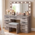 thumbnail image 1 of Zimtown Makeup Vanity Desk with Large Mirror & Charging Station, Vanity Table with 9 Drawers & Visible Glass Top, Bedroom Dressing Table, Gray, 1 of 10