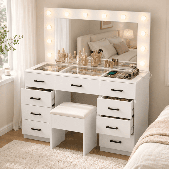 Zimtown Makeup Vanity Desk with Large Mirror & Charging Station, Vanity Table with 9 Drawers & Visible Glass Top, Bedroom Dressing Table, White