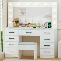 Zimtown Makeup Vanity Desk with Large Mirror & Charging Station, Vanity Table with 9 Drawers & Visible Glass Top, Bedroom Dressing Table, White