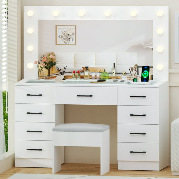 Zimtown Makeup Vanity Desk with Large Mirror & Charging Station, Vanity Table with 9 Drawers & Visible Glass Top, Bedroom Dressing Table, White