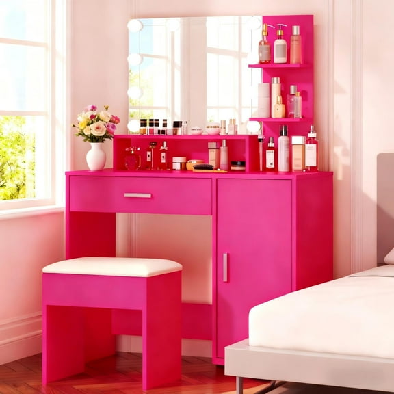 Zimtown Makeup Vanity Table Set with Drawer & Cabinet, Makeup Desk with Lighted Mirror,3 Modes Adjustable Lights, Dressing Table for Bedroom, Hot Pink