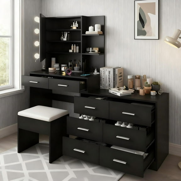 Zimtown Makeup Vanity Table with Adjustable Lights & Charging Station, Vanity Desk with Mirror, Large Dressing Table with 2 Storage Cabinets, Black