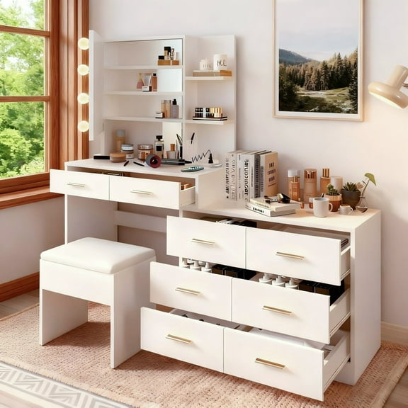 Zimtown Makeup Vanity Table with Adjustable Lights & Charging Station, Vanity Desk with Mirror, Large Dressing Table with 2 Storage Cabinets,White