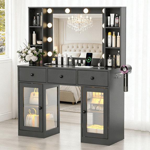 Zimtown Makeup Vanity with 3 Colors Light Mirror, Glass Top Vanity Desk with Two Glass-Door Storage Cabinets & Charging Station, Black