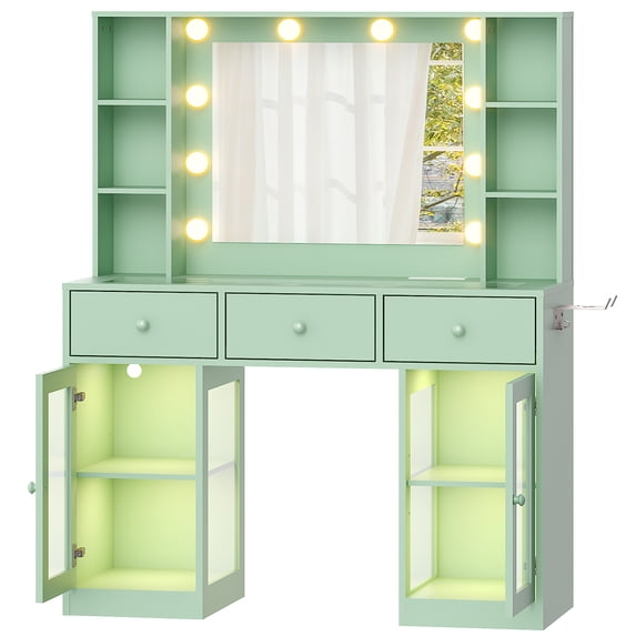 Zimtown Makeup Vanity with 3 Colors Light Mirror, Glass Top Vanity Desk with Two Glass-Door Storage Cabinets & Charging Station, Light green