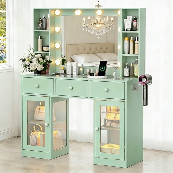 Zimtown Makeup Vanity with 3 Colors Light Mirror, Glass Top Vanity Desk with Two Glass-Door Storage Cabinets & Charging Station, Light green