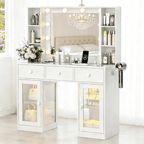 Zimtown Makeup Vanity with 3 Colors Light Mirror, Glass Top Vanity Desk with Two Glass-Door Storage Cabinets & Charging Station, White
