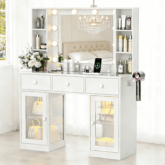 Zimtown Makeup Vanity with 3 Colors Light Mirror, Glass Top Vanity Desk with Two Glass-Door Storage Cabinets & Charging Station, White