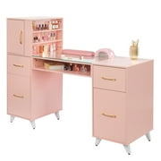 Zimtown 55"L*19"W*44"H Manicure Table Modern Salon Nail Makeup Desk for Nail Tech Wrist Cushion Pink