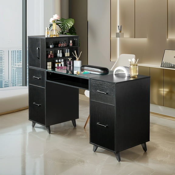 Zimtown Manicure Table with Drawers, Storage Shelves Spa Beauty Salon Station Nail Desk, Black