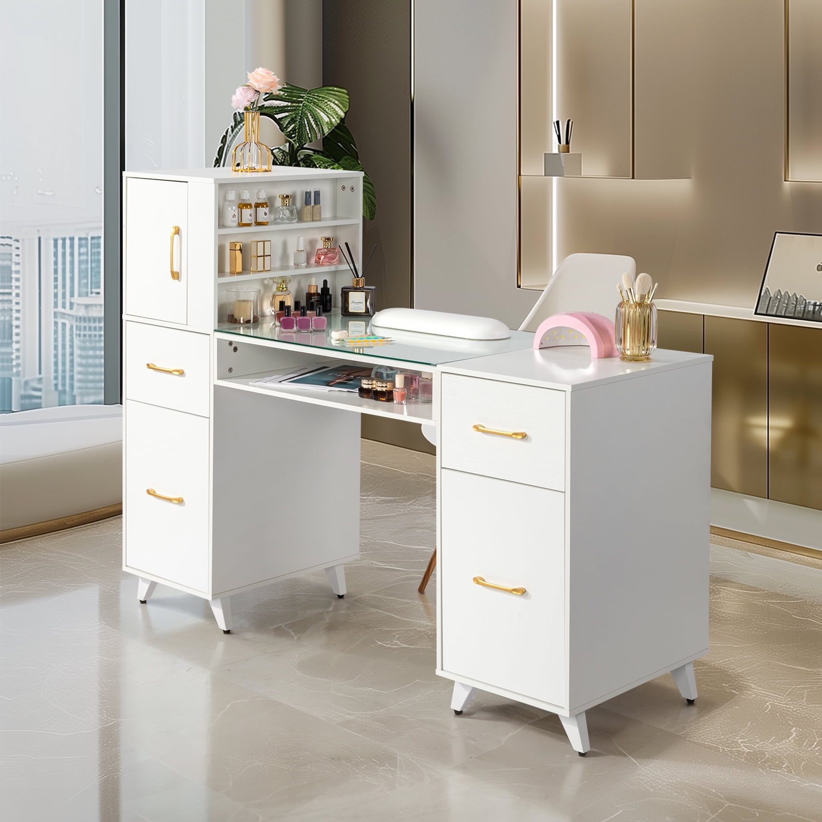 Zimtown Manicure Table with Drawers, Storage Shelves Spa Beauty Salon Station Nail Desk, White