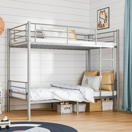 Zimtown Metal Bunk Bed Twin Over Twin Heavy Duty Bed Frame with Safety Guard Rails & Flat Ladder for Kids Teens Adults, Gray