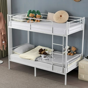 Zimtown Metal Bunk Bed Twin Over Twin Heavy Duty Bed Frame with Safety Guard Rails & Flat Ladder for Kids Teens Adults, White