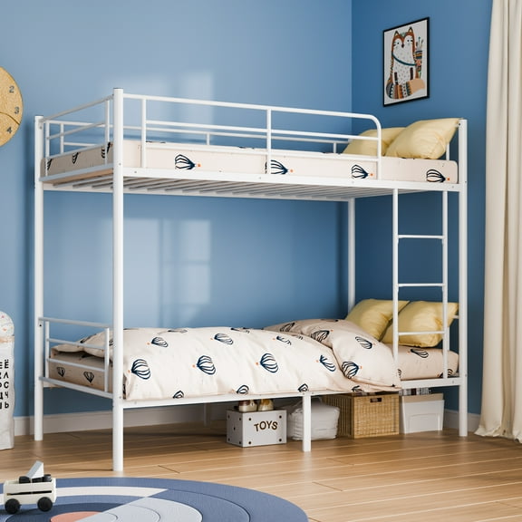 Zimtown Metal Bunk Bed Twin Over Twin Heavy Duty Bed Frame with Safety Guard Rails & Flat Ladder for Kids Teens Adults, White