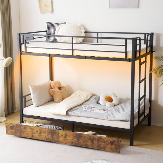 Zimtown Metal Twin-over-Twin Bunk Bed with 2 Drawers and Charging Station, LED Light, Black