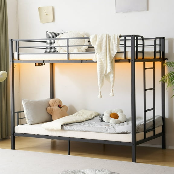 Zimtown Metal Twin-over-Twin Bunk Bed with Charging Station, LED Light, Black