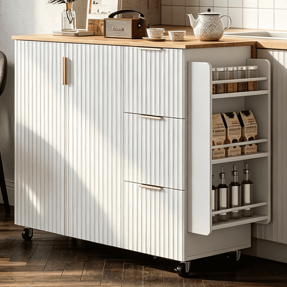 Zimtown Mid-Century Modern Kitchen Island Cart, 44.7 Rolling Kitchen Storage Cabinet with Rubber Wood Top, White Fluted Doors with 3 Drawers, Mobile Food Prep Workstation
