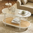thumbnail image 1 of Zimtown Mid-Century Round Coffee Table, 38" Glass Table for Living Room Table, Antique Center Table, Modern Furniture, Beige & Rattan, 1 of 7