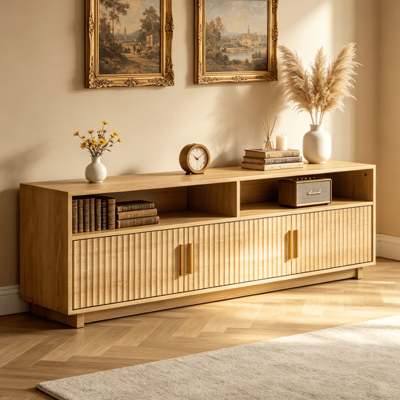 Zimtown Mid-Century TV Stand RGB LED Entertainment Center for 55/60/65" TVs, Media Console Storage Cabinet with Cable Management & Open Shelves, Warm Oak