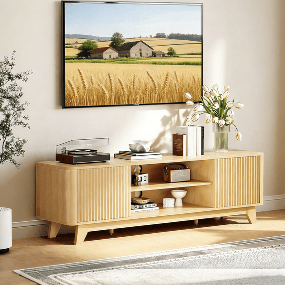 Zimtown Mid-Century TV Stand with 2 Wave-Shaped Doors, 58.6" Entertainment Center for up to 65" TVs for Living Room, Home, Light Oak