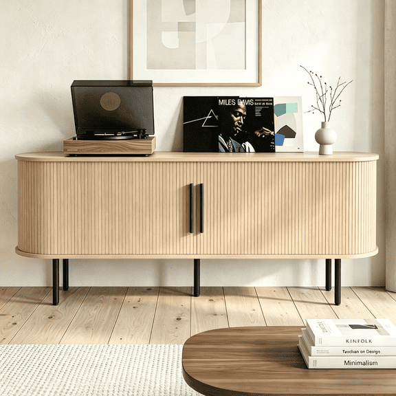 Zimtown Mid-Century Television Stand with 2 Fluted Sliding Doors, 58" TV Media Console Storage Cabinet with Adjustable Shelf for 65 Inches TVs, Light Oak