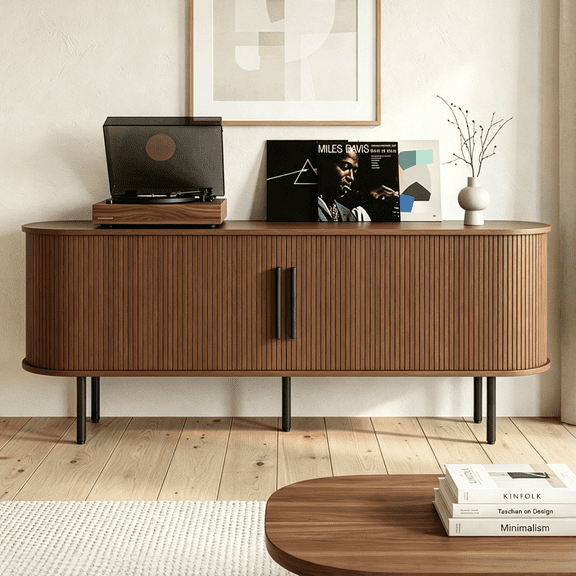 Zimtown Mid-Century Television Stand with 2 Fluted Sliding Doors, 58" TV Media Console Storage Cabinet with Adjustable Shelf for 65 Inches TVs, Brown