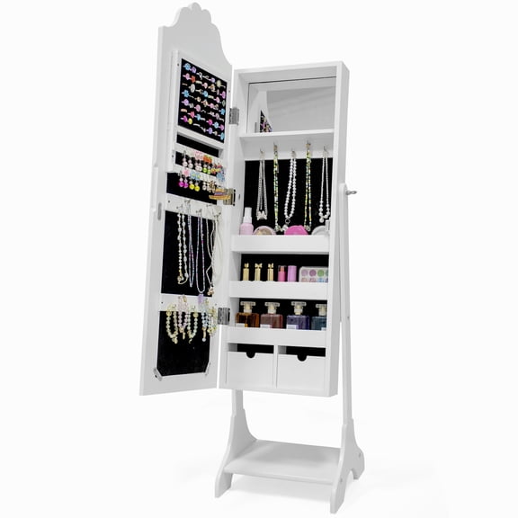 Zimtown Mirror Jewelry Cabinet Armoire Organizer, Storage Cabinet with Full Length Mirror & 2 Drawers, Kids Princess Makeup Cabinet for Bedroom, White