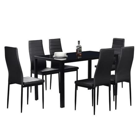 Zimtown Modern 7 Pcs Dining Table Set With 6 Leather Chairs and Glass Table Kitchen Room Furniture