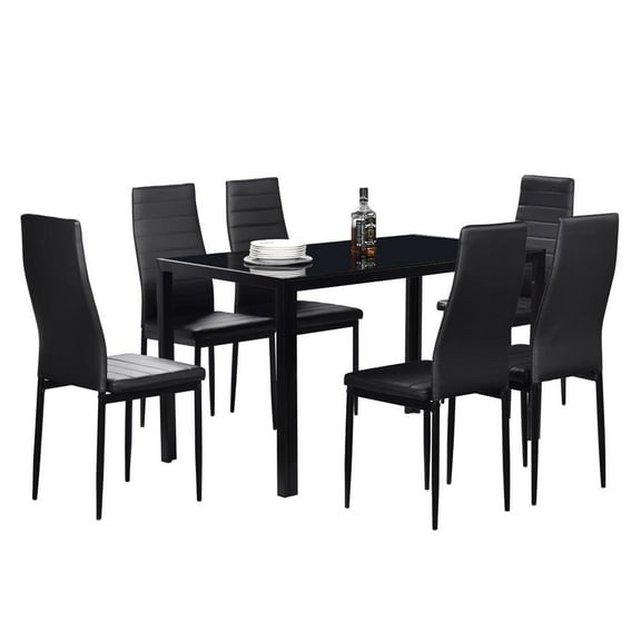 Zimtown Modern 7 Pcs Dining Table Set With 6 Leather Chairs and Glass Table Kitchen Room Furniture