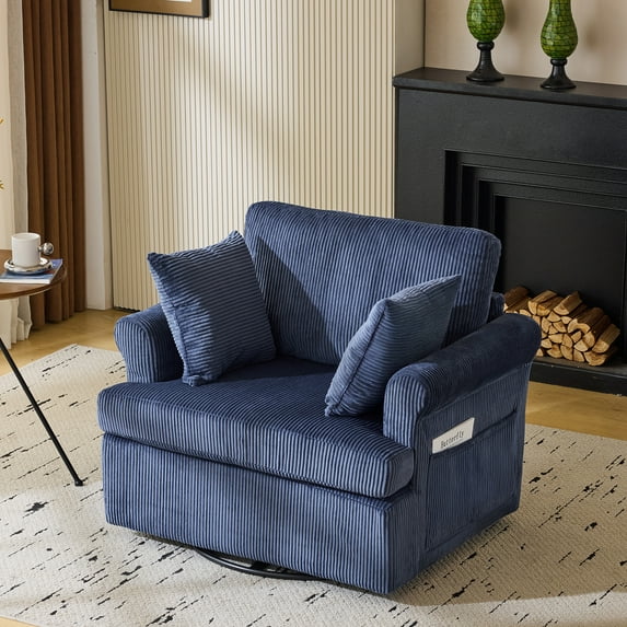 Zimtown Modern Accent Chair 360 Swivel Upholstered Armchair Corduroy Fabric Reading Chair with Solid Metal Base for Bedroom Living Room, Blue