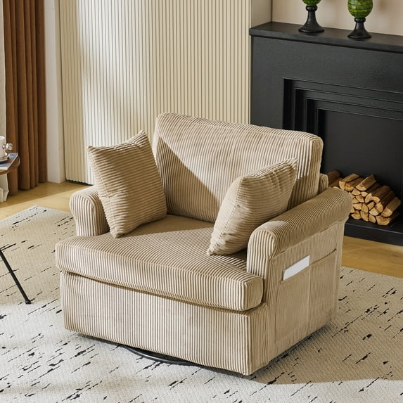 Zimtown Modern Accent Chair 360 Swivel Upholstered Armchair Corduroy Fabric Reading Chair with Solid Metal Base for Bedroom, Living Room, Khaki