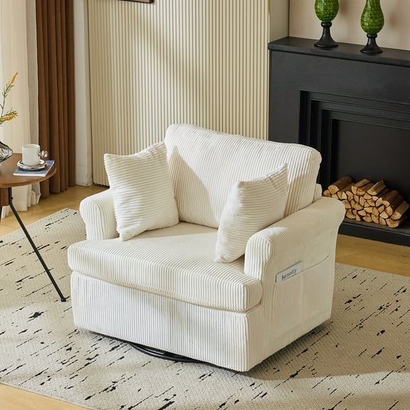 Zimtown Modern Accent Chair 360 Swivel Upholstered Armchair Corduroy Fabric Reading Chair with Solid Metal Base for Bedroom, Living Room, White