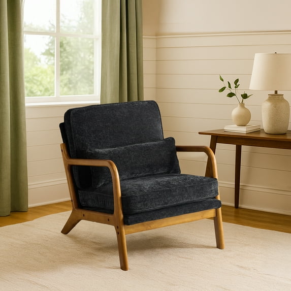 Zimtown Modern Armchair with Solid Wood Frame and Pillow, Comfort Chenille Upholstered Accent Chair for Bedroom or Living Room, Black