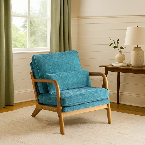 Zimtown Modern Armchair with Solid Wood Frame and Pillow, Comfort Chenille Upholstered Accent Chair for Bedroom or Living Room, Blue-Green
