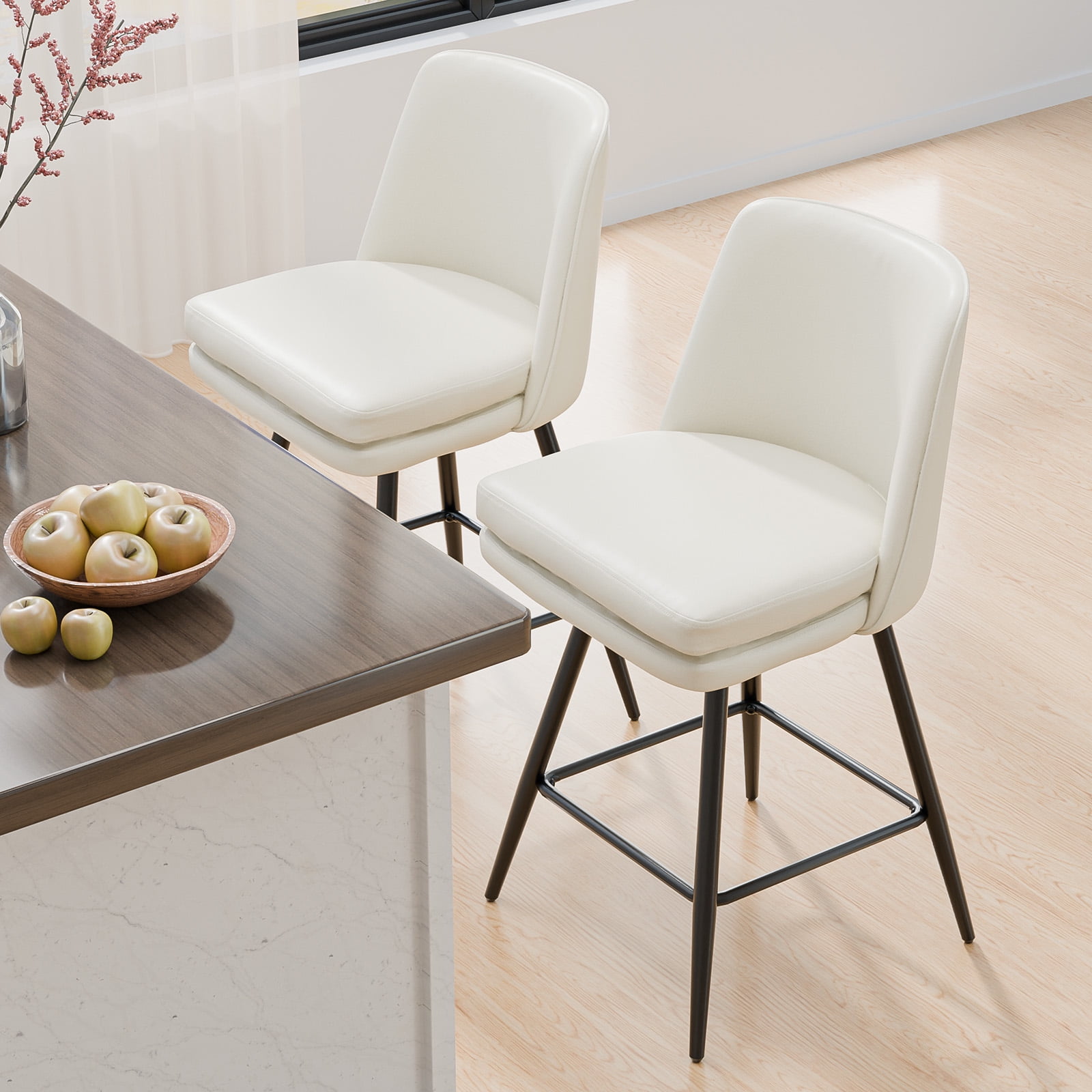 Zimtown Modern Bar Stools Set of 2, Swivel Barstool Counter Height Bar Chair, Kitchen Island Barstool 2 Pack, Off-White