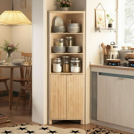 Zimtown Modern Bathroom Cabinet Organizer with Fluted  Double Doors, 5-Tier Freestanding Cabinet Storage for Kitchen Bathroom, Oak