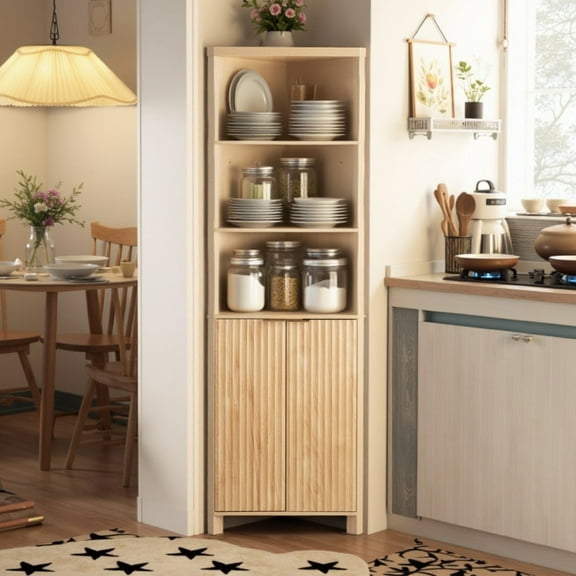 Zimtown Modern Bathroom Cabinet Organizer with Fluted  Double Doors, 5-Tier Freestanding Cabinet Storage for Kitchen Bathroom, Oak