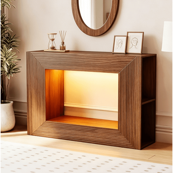 Zimtown Modern Console Table with Storage, 43" Mid-Century Retangle Entrway Table with RGB LED Light, Behind the Couch Sofa Table for Hallway, Foyer, Living Room, Brown